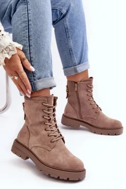 Damskie Botki Workery Na Suwak Ciemnobeżowe Ninsuni