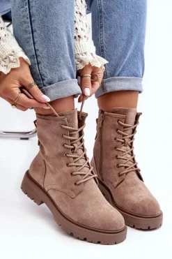 Damskie Botki Workery Na Suwak Ciemnobeżowe Ninsuni