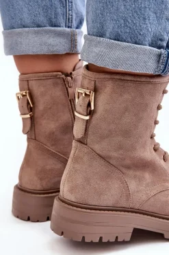 Damskie Botki Workery Na Suwak Ciemnobeżowe Ninsuni