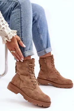 Damskie Botki Workery Na Suwak Jasnobrązowe Ninsuni