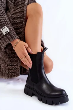 Damskie Botki Workery Na Platformie Czarne Aliana