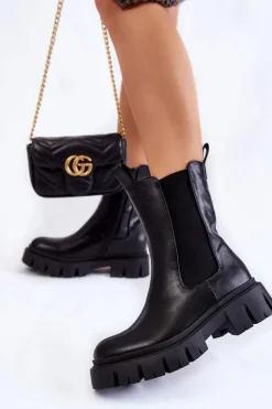 Damskie Botki Workery Na Platformie Czarne Aliana