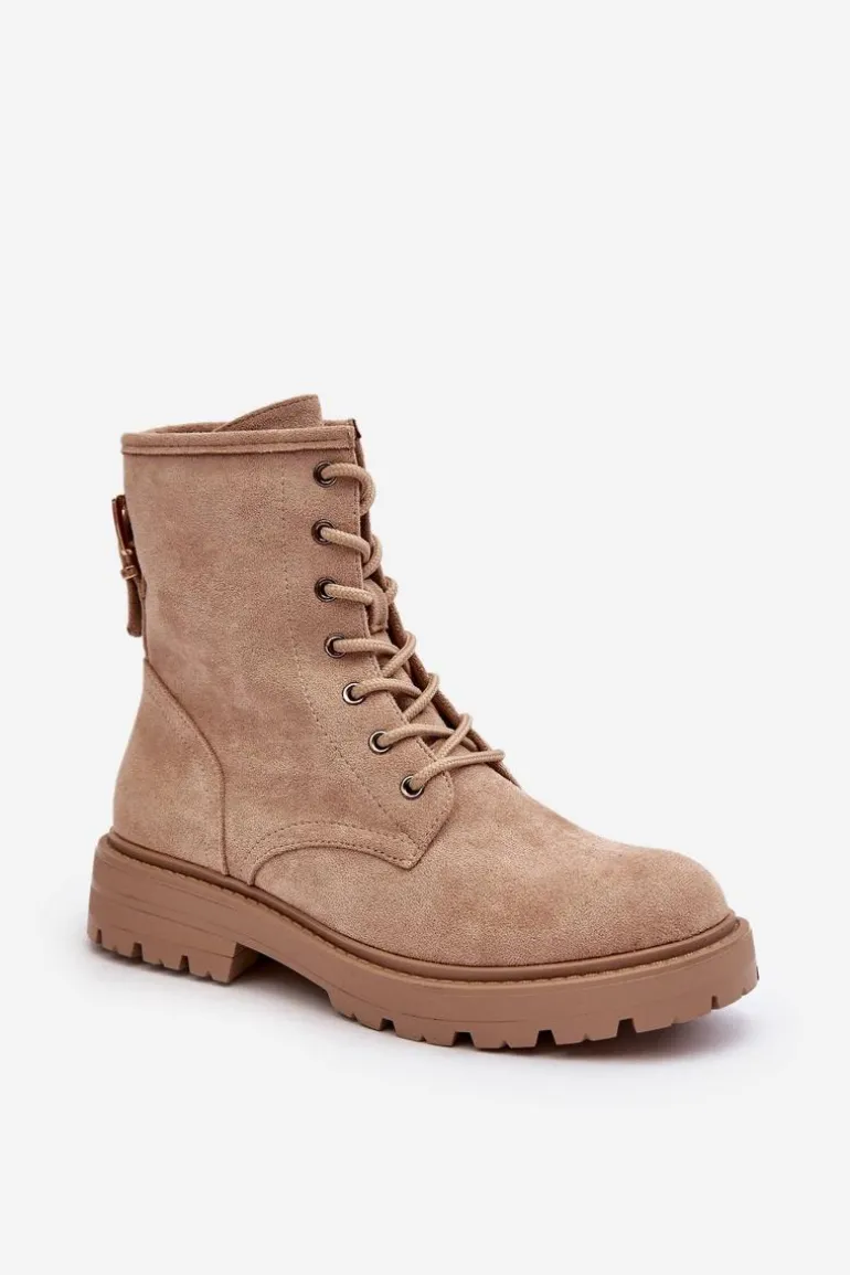 Damskie Botki Workery Na Suwak Jasnobeżowe Ninsuni