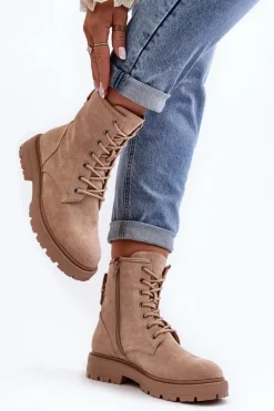 Damskie Botki Workery Na Suwak Jasnobeżowe Ninsuni