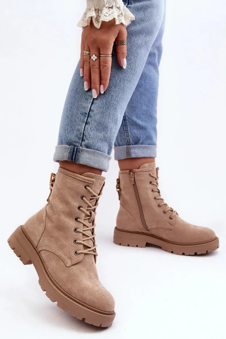 Damskie Botki Workery Na Suwak Jasnobeżowe Ninsuni