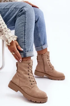 Damskie Botki Workery Na Suwak Jasnobeżowe Ninsuni