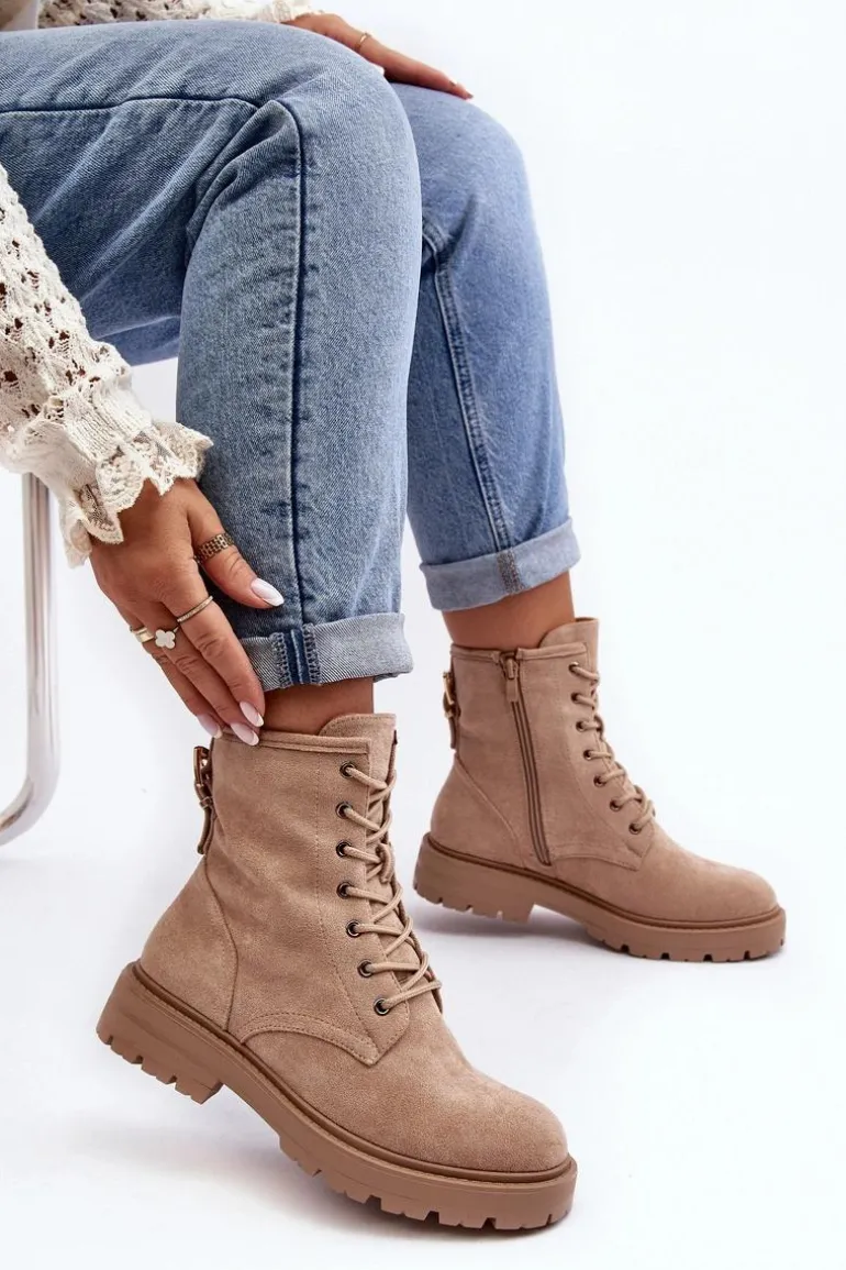 Damskie Botki Workery Na Suwak Jasnobeżowe Ninsuni