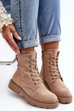 Damskie Botki Workery Na Suwak Jasnobeżowe Ninsuni