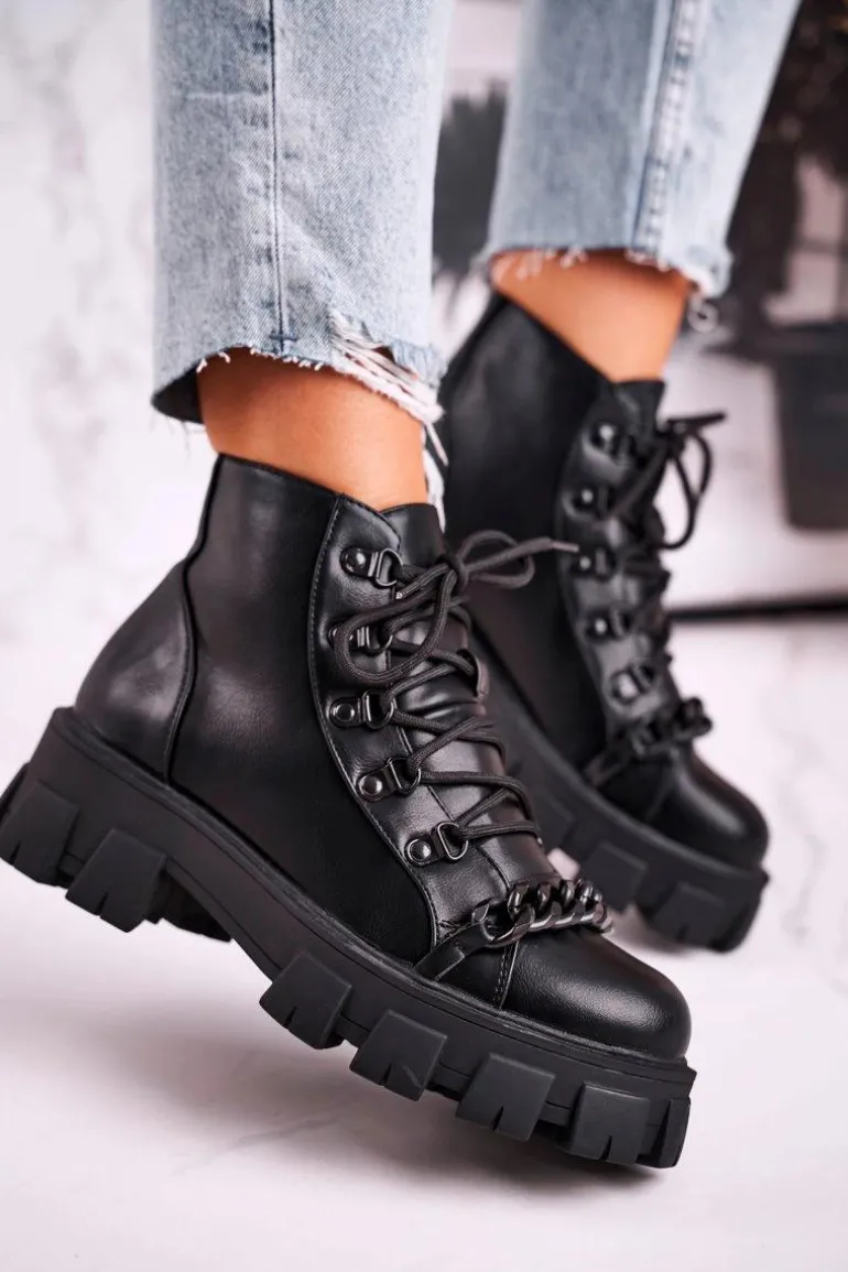 Damskie Botki Workery Na Platformie Czarne Chain