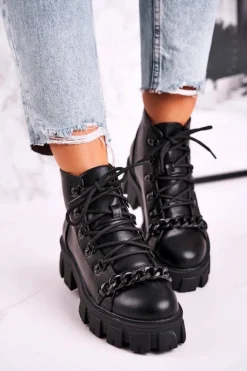 Damskie Botki Workery Na Platformie Czarne Chain