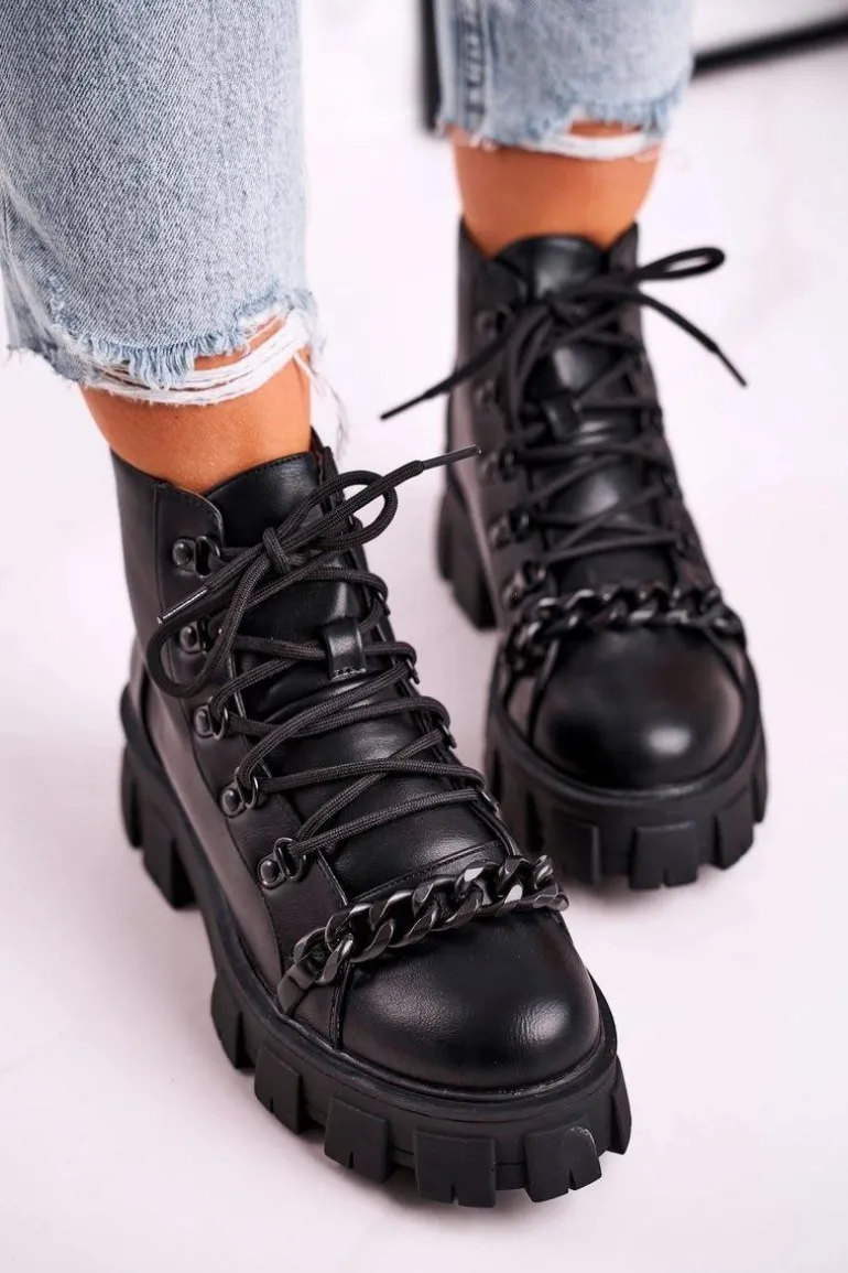 Damskie Botki Workery Na Platformie Czarne Chain