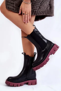 Damskie Botki Workery Na Platformie Czarno-Bordowe Aliana