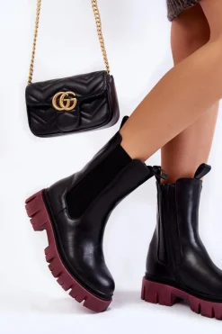 Damskie Botki Workery Na Platformie Czarno-Bordowe Aliana