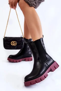 Damskie Botki Workery Na Platformie Czarno-Bordowe Aliana