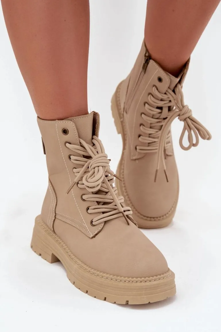 Damskie Botki Workery Na Zamek Beżowe Tirina