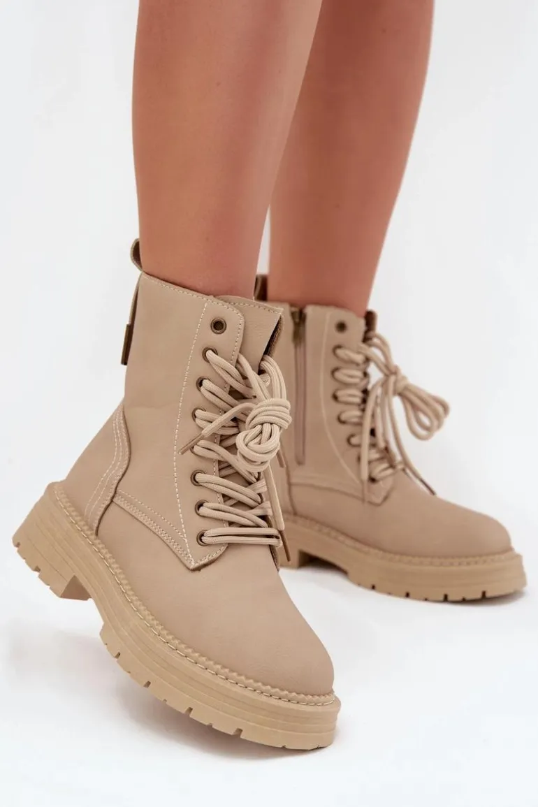 Damskie Botki Workery Na Zamek Beżowe Tirina