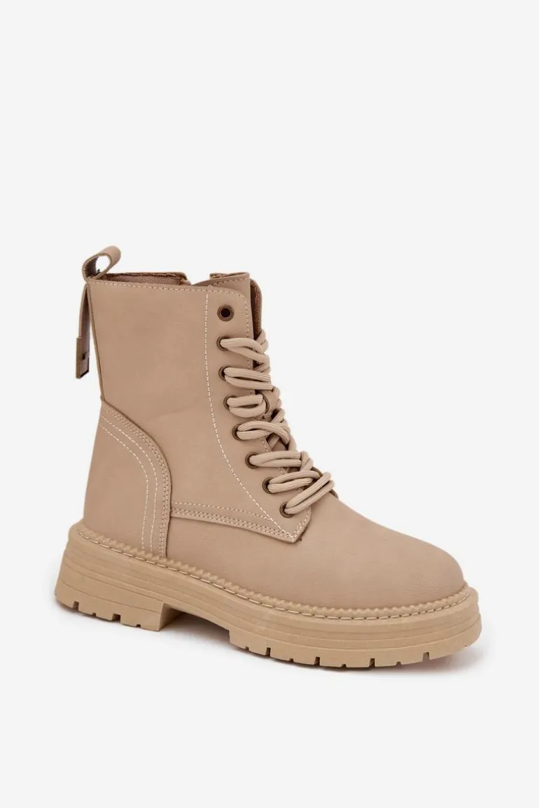 Damskie Botki Workery Na Zamek Beżowe Tirina