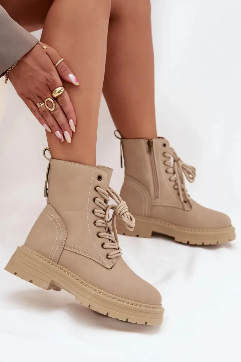 Damskie Botki Workery Na Zamek Beżowe Tirina