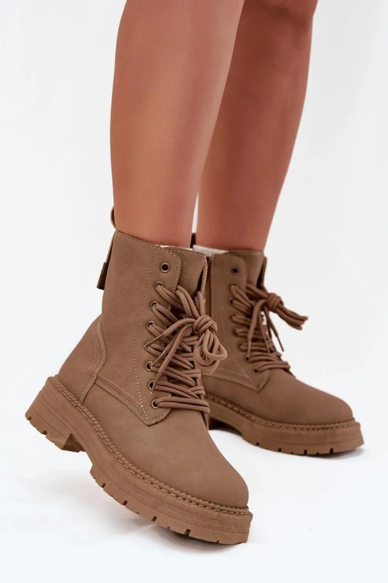 Damskie Botki Workery Na Zamek Ciemnobeżowe Tirina