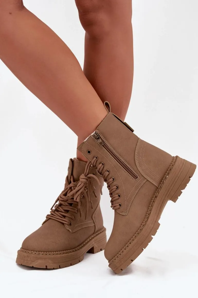 Damskie Botki Workery Na Zamek Ciemnobeżowe Tirina