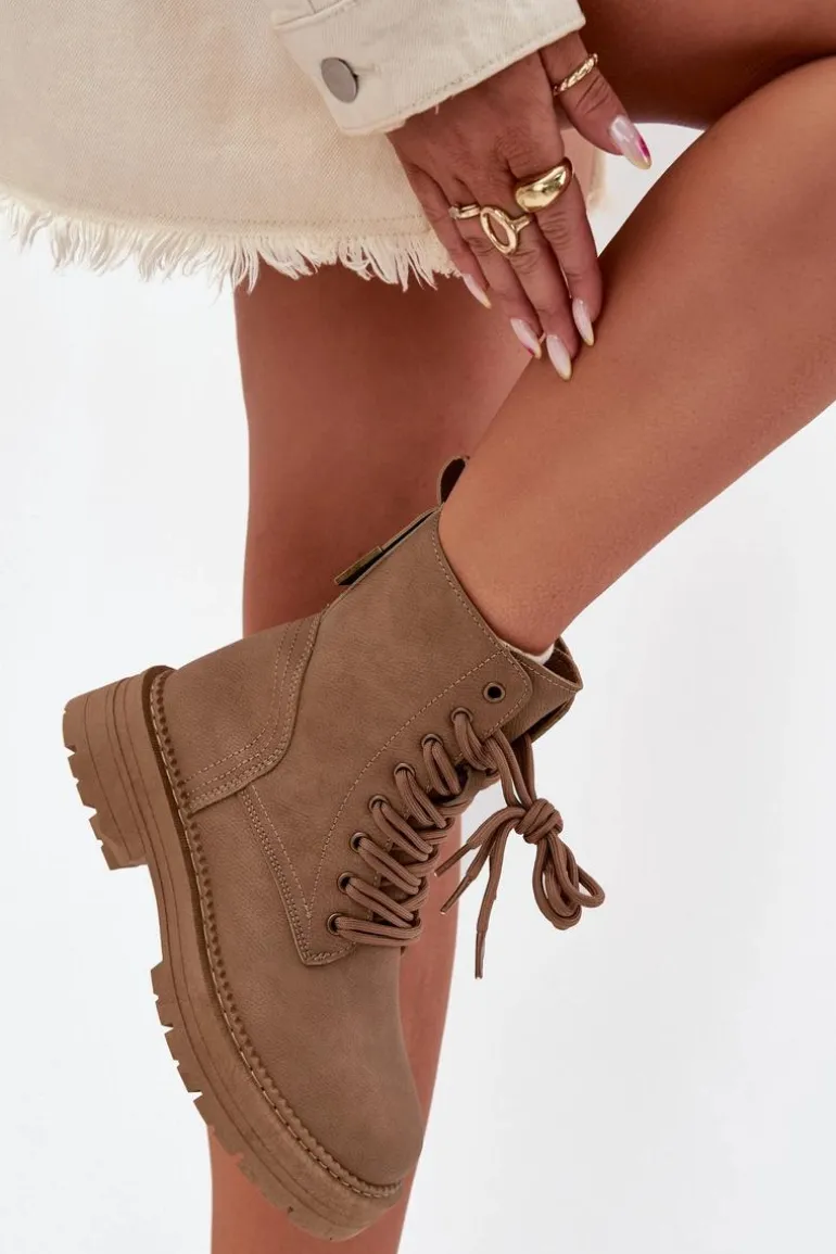 Damskie Botki Workery Na Zamek Ciemnobeżowe Tirina