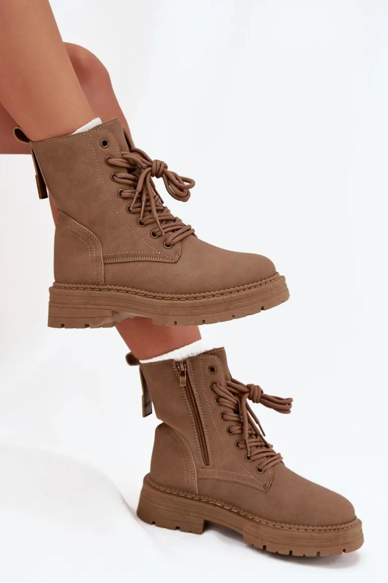 Damskie Botki Workery Na Zamek Ciemnobeżowe Tirina