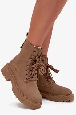 Damskie Botki Workery Na Zamek Ciemnobeżowe Tirina