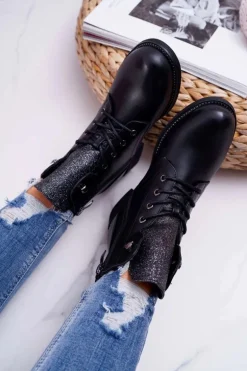 Damskie Botki Workery Płaski Obcas Czarne Flumen