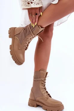 Damskie Botki Workery Sznurowane Ciemnobeżowe Marlissa