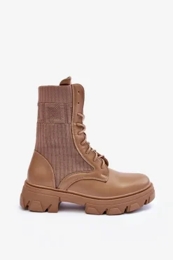 Damskie Botki Workery Sznurowane Ciemnobeżowe Marlissa