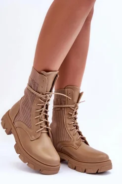 Damskie Botki Workery Sznurowane Ciemnobeżowe Marlissa