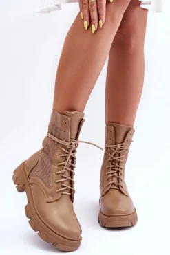 Damskie Botki Workery Sznurowane Ciemnobeżowe Marlissa