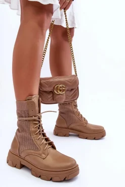 Damskie Botki Workery Sznurowane Ciemnobeżowe Marlissa