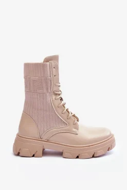 Damskie Botki Workery Sznurowane Beżowe Marlissa