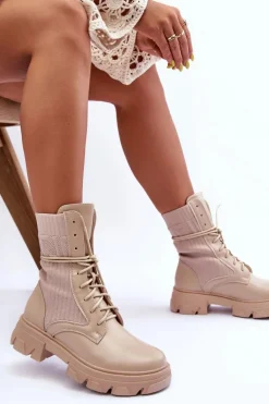 Damskie Botki Workery Sznurowane Beżowe Marlissa