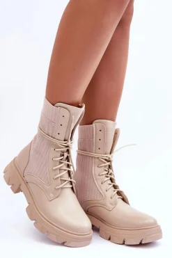 Damskie Botki Workery Sznurowane Beżowe Marlissa