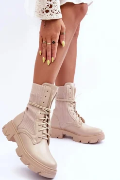 Damskie Botki Workery Sznurowane Beżowe Marlissa