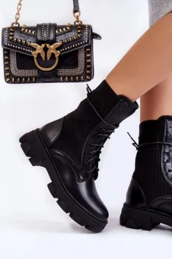 Damskie Botki Workery Sznurowane Czarne Marlissa