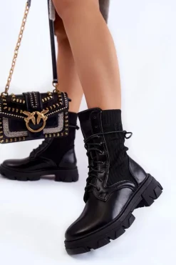 Damskie Botki Workery Sznurowane Czarne Marlissa