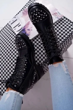 Damskie Botki Workery Z Dżetami Czarne Gether