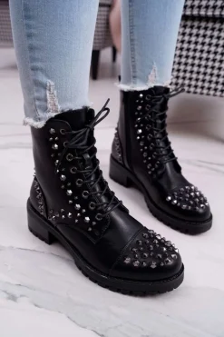 Damskie Botki Workery Z Dżetami Czarne Gether