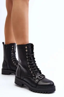 Damskie Botki Workery Z Ozdobą Czarne Belluxe