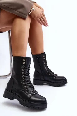 Damskie Botki Workery Z Ozdobą Czarne Belluxe