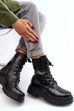 Damskie Botki Workery Z Ozdobnym Tłoczeniem Czarne Tarolia