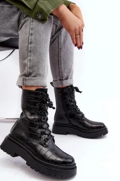 Damskie Botki Workery Z Ozdobnym Tłoczeniem Czarne Tarolia