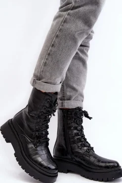 Damskie Botki Workery Z Ozdobnym Tłoczeniem Czarne Tarolia