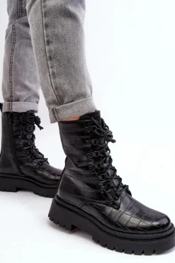 Damskie Botki Workery Z Ozdobnym Tłoczeniem Czarne Tarolia