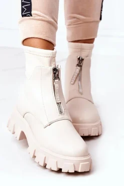 Damskie Botki Workery Z Suwakiem Beżowe Cheers