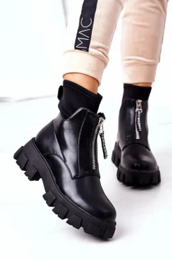 Damskie Botki Workery Z Suwakiem Czarne Cheers