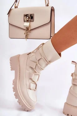 Damskie Botki Workery Ze Skarpetą Beżowe Fallor